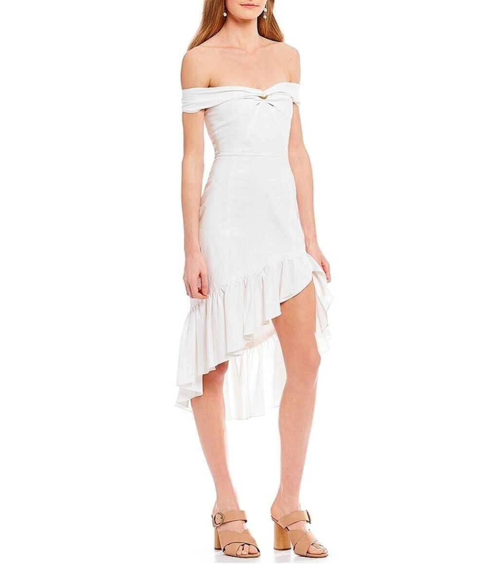 WAYF Genoa White Linen Blend Off-the-Shoulder Fitted Ruffle Midi Dress S